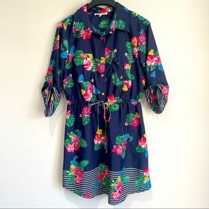 Tropical Hawaiian Print Tie Waist Long Sleeve Button Dress - Size Large